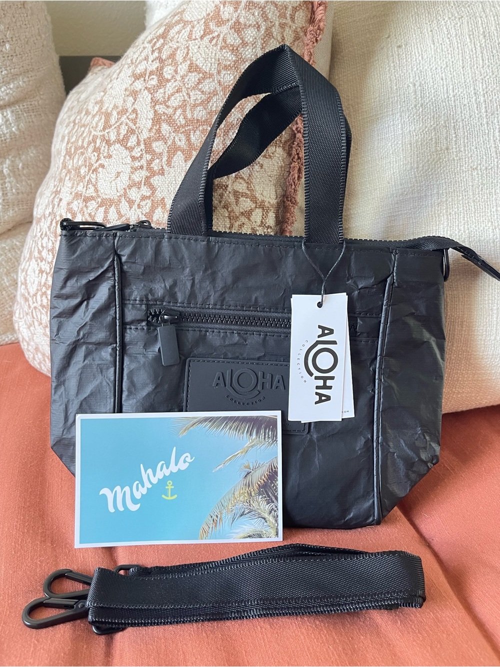 ALOHA Collection Black Crossbody Tote with Detachable Strap
